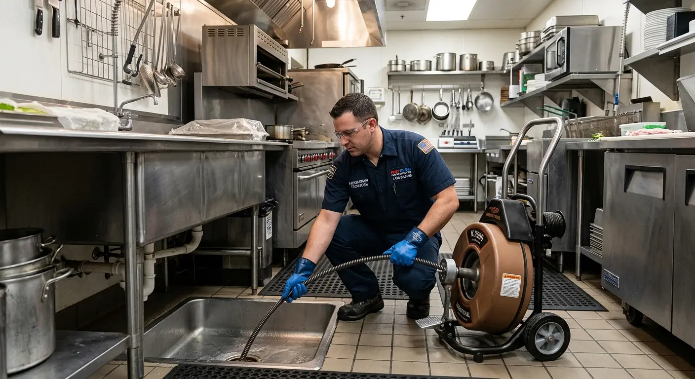 Commercial drain cleaning service in a restaurant kitchen in Arkansas City