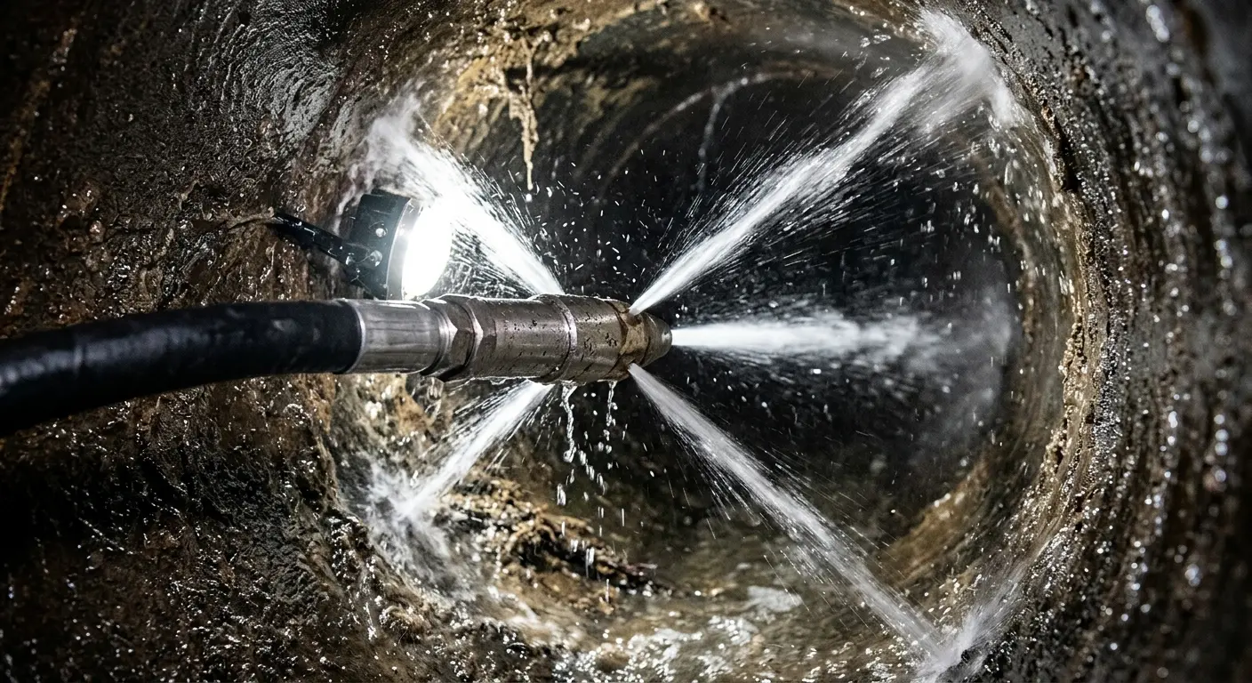 High-pressure hydro jetting nozzle cleaning sewer pipe for Emergency Drain Service in Arkansas City