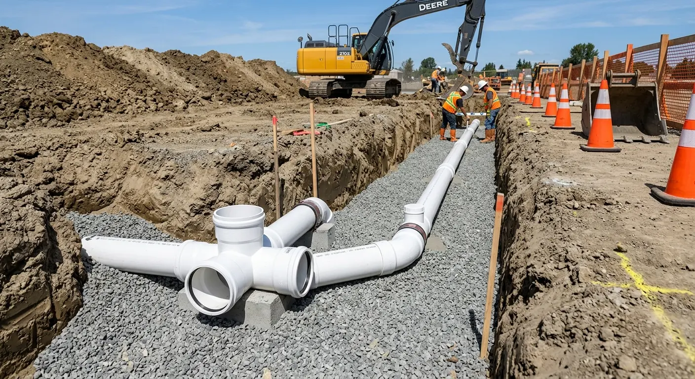 New PVC sewer pipe installation in open trench for Grease Trap Cleaning in Arkansas City