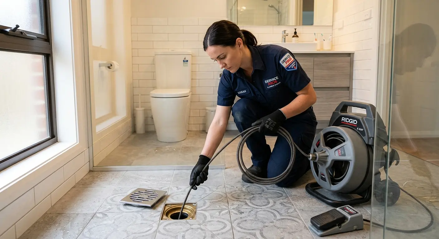 Technician clearing a bathroom floor drain for Sewer Line Installation in Arkansas City